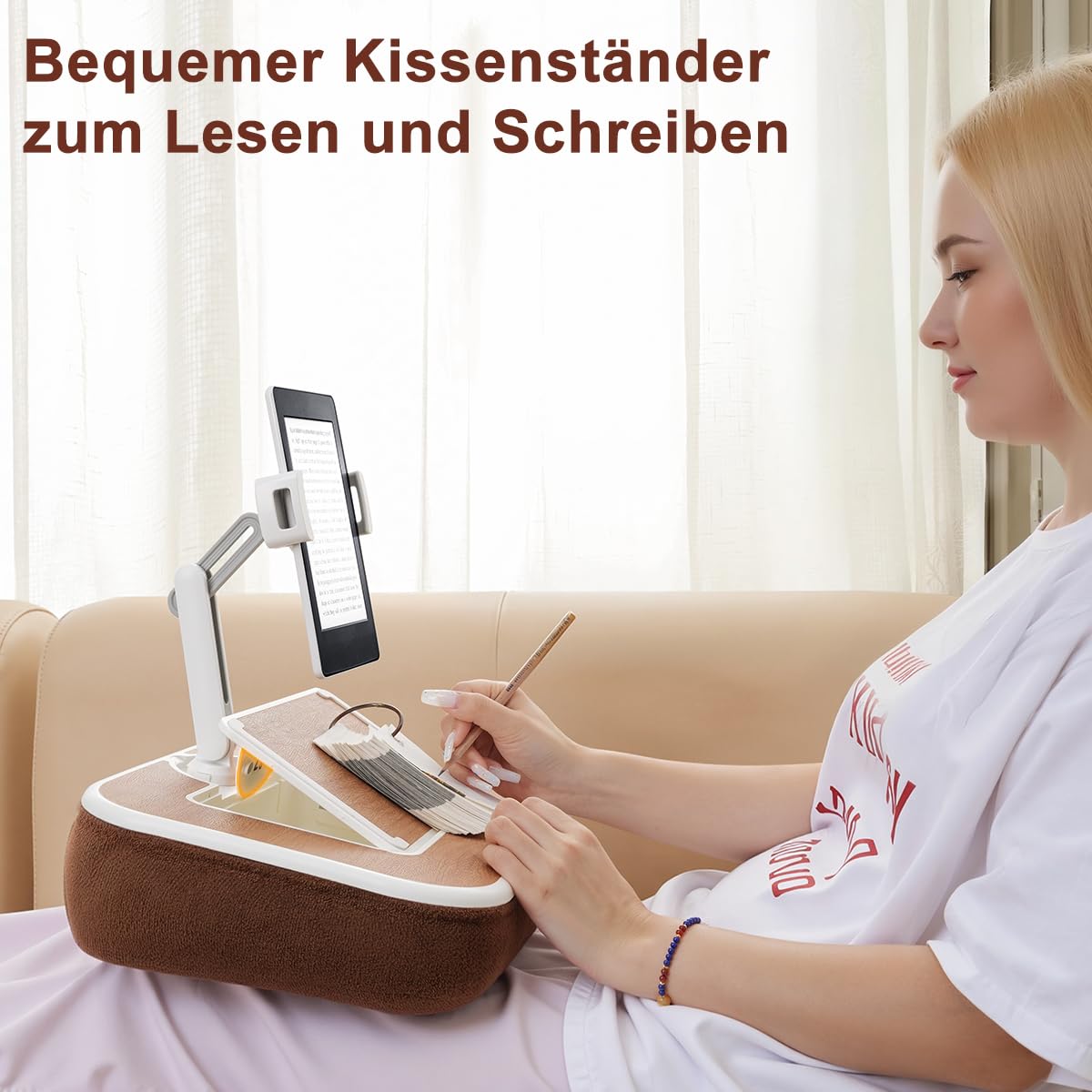 Soporte de cojín para tablet con bandeja para aperitivos y pizarra de escritura, soporte giratorio de 360 grados para teléfonos inteligentes de 4,7 a 13 pulgadas, tabletas Kindle, soporte de cojín