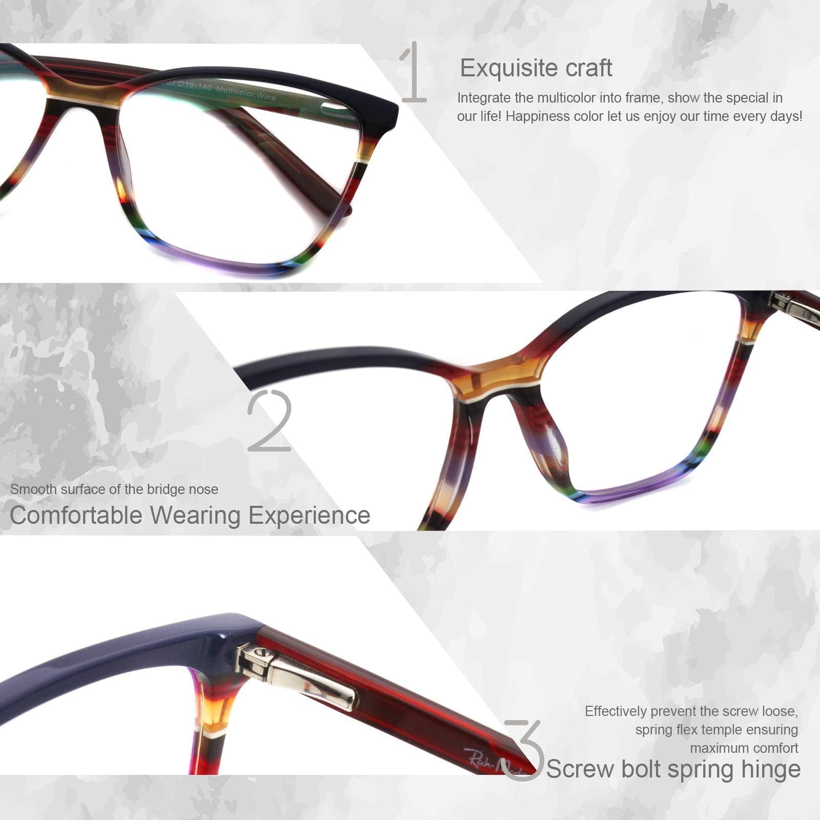 RICH MODE Übergroße mehrfarbige Brille nicht verschreibungspflichtiger optischer Acetatrahmen für Frauen und Mädchen