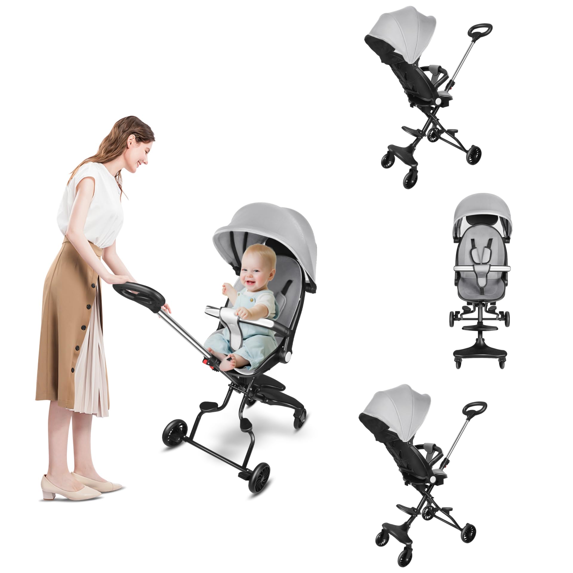 Passeggino pieghevole per bambini, passeggino portatile leggero da viaggio per bambini con cintura e freno a pedale, maniglia di spinta regolabile in altezza (non pieghevole grigio)