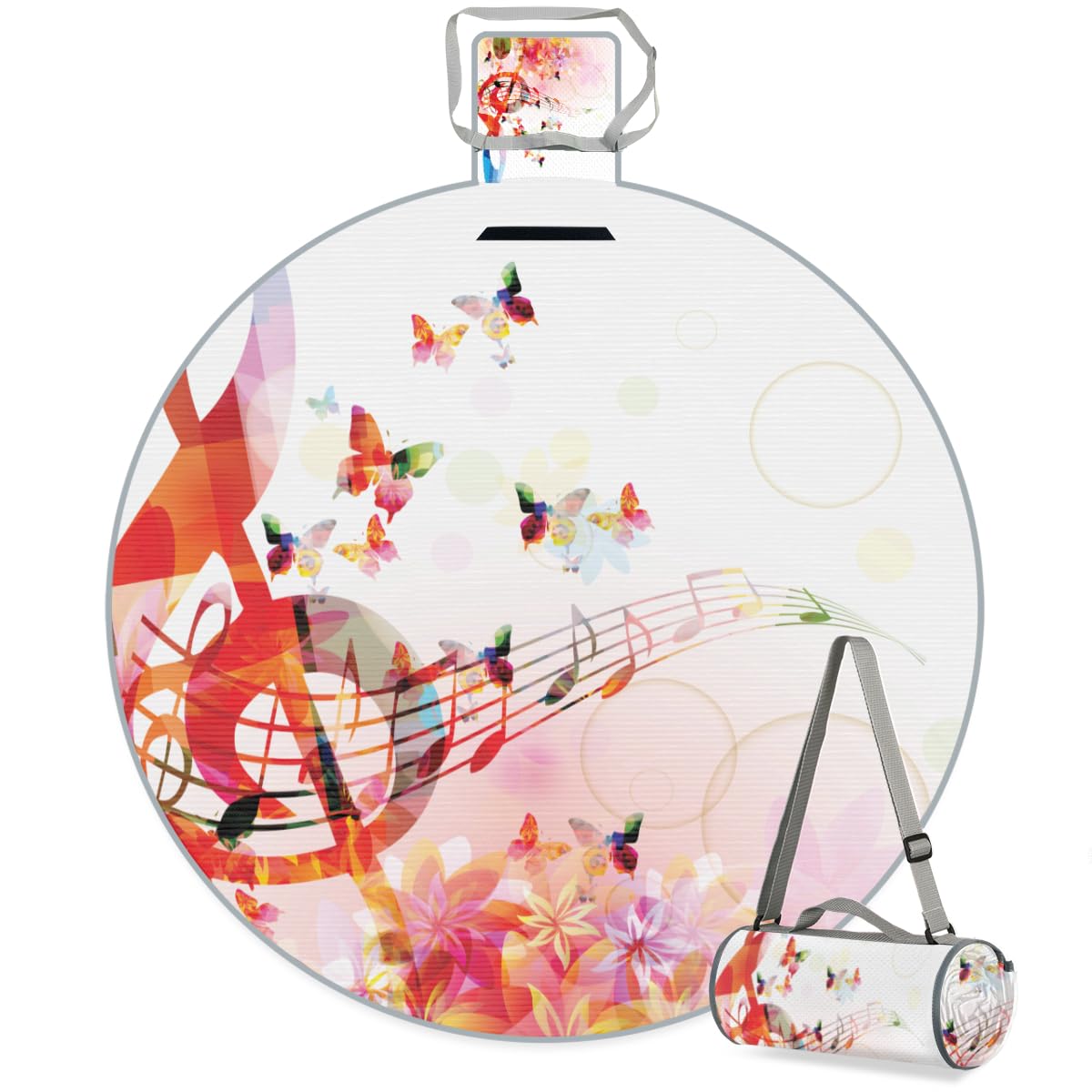 Shimoshe Flower Butterfly Music Notes Picnic Outdoor Blanket Foldable Waterproof Sandproof Beach Blanket Portable Water-Resistant Round Picnic Mat for Travel Camping Park Lawn