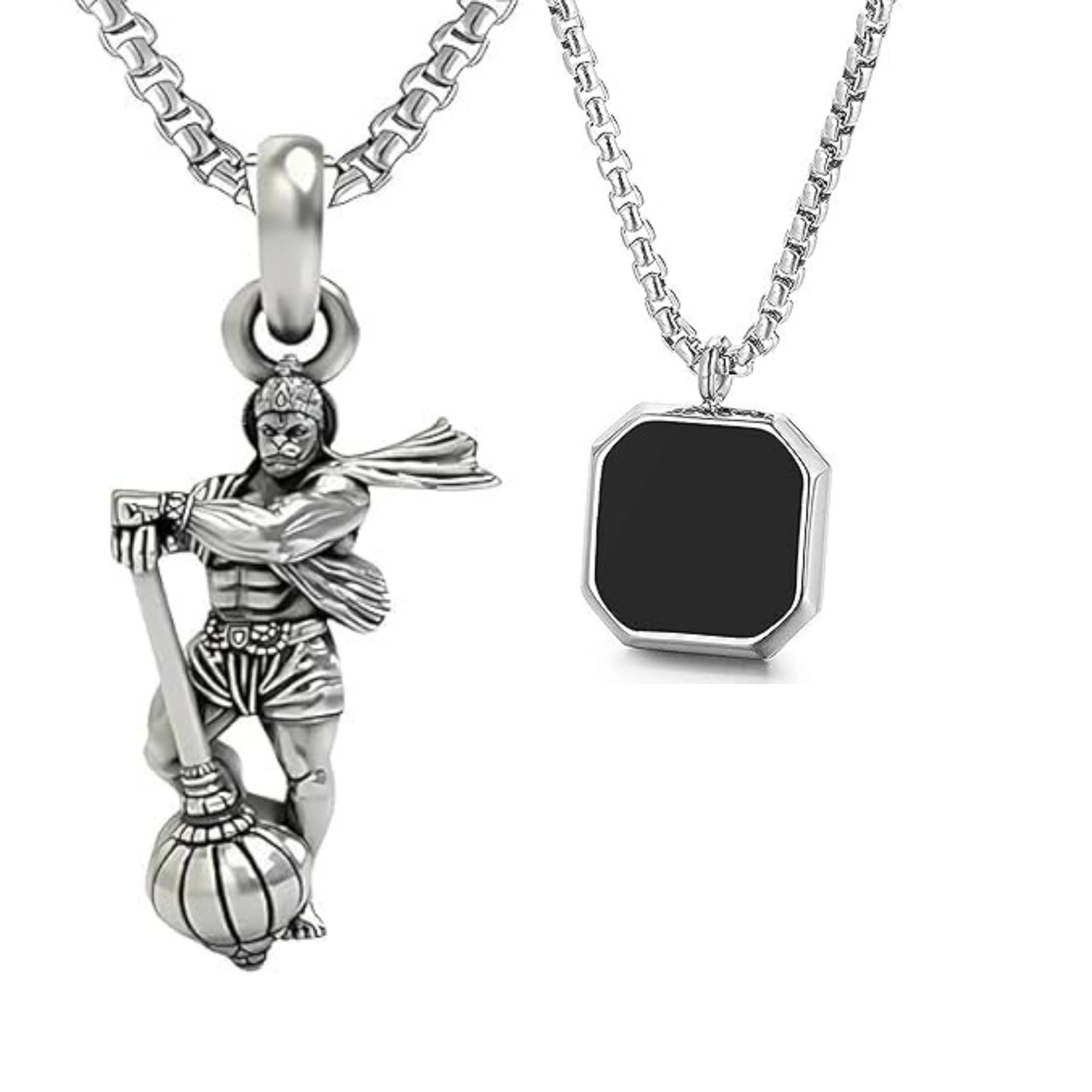Hanuman Pendant Necklace for Men Stainless Steel Bajrangbali Gada Locket with Octagon Black Stone Pendant Chain Stylish Spiritual Jewellery for Boys Daily Wear Gift-image-9