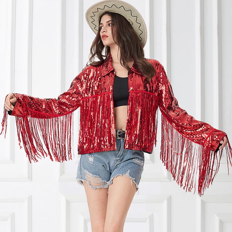 Segreto Women's Glitter Sequin Tassels Bomber Open Front Jacket Shiny Fringe Long Sleeve Coat Cardigan Blazer Disco Outfits3