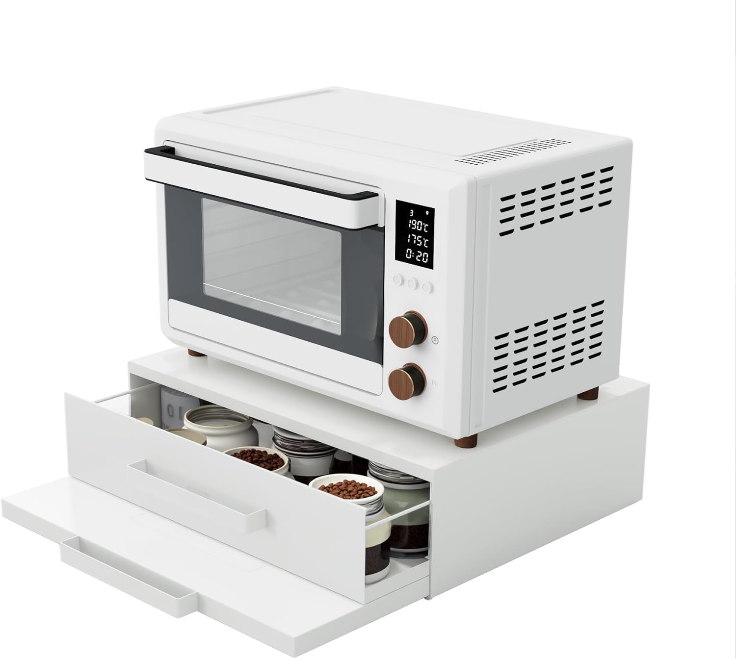 Steel Microwave Stand with Pull-Out Drawers & Shelves | Countertop Organizer for Compact Microwaves, Coffee Station & Kitchen Appliance Storage (White+Drawer+Shelf)