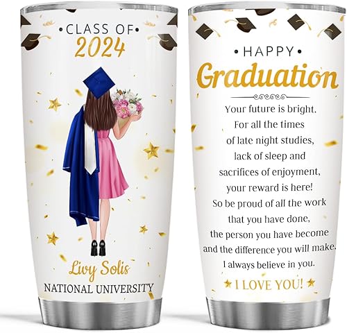 wowcugi Vaso de graduación personalizado clase de 2023 tazas personalizadas con tapa, tazas de viaje de 20 onzas, 30 onzas, regalos de graduación
