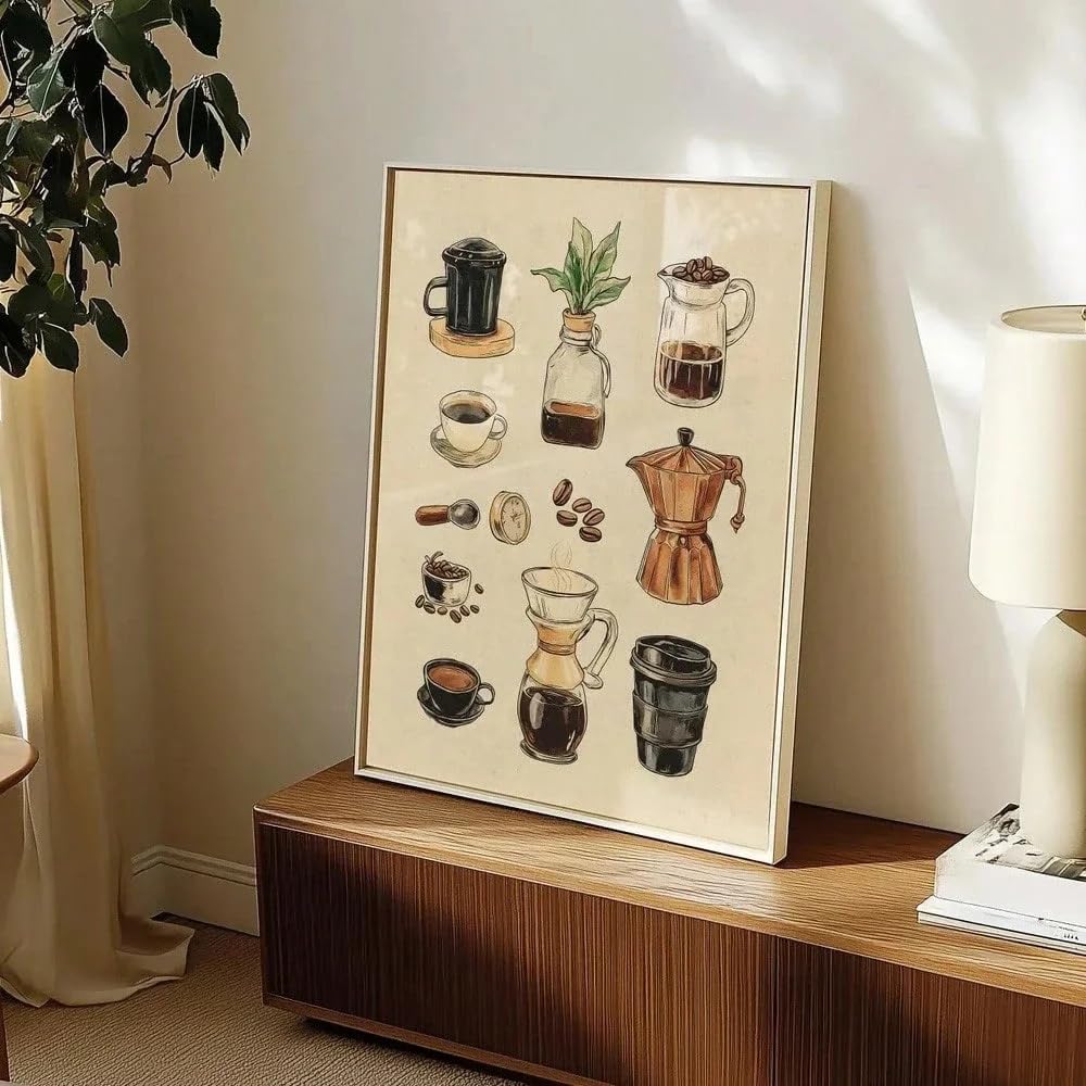 Retro Stolik kawowy Rustykalny Plakat Na Płótnie Plakat Na Płótnie Wózek Bar Wózek Na Ścianę Dla Miłośników Kawy Minimalistyczna Kuchnia I Napoje(80 x 120 cm/Rama