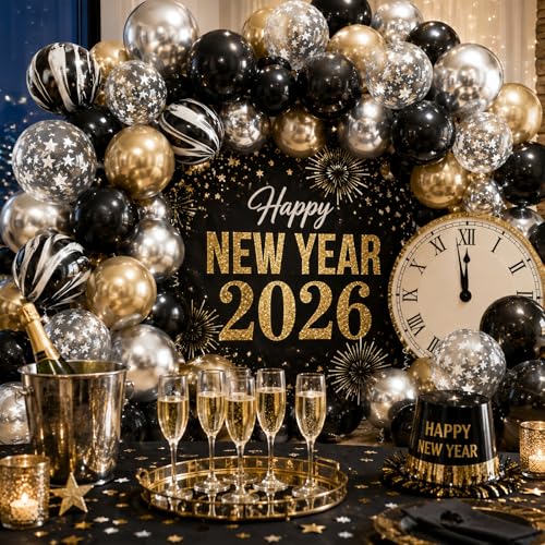 Image of Black Gold Silver Balloon Set, 12 Inch Marble Black and Metallic Chrome Gold Silver with Clear Star Print Grad Latex Balloons for Boy Girls Birthday Party Graduation Retirement Baby Shower Decorations
