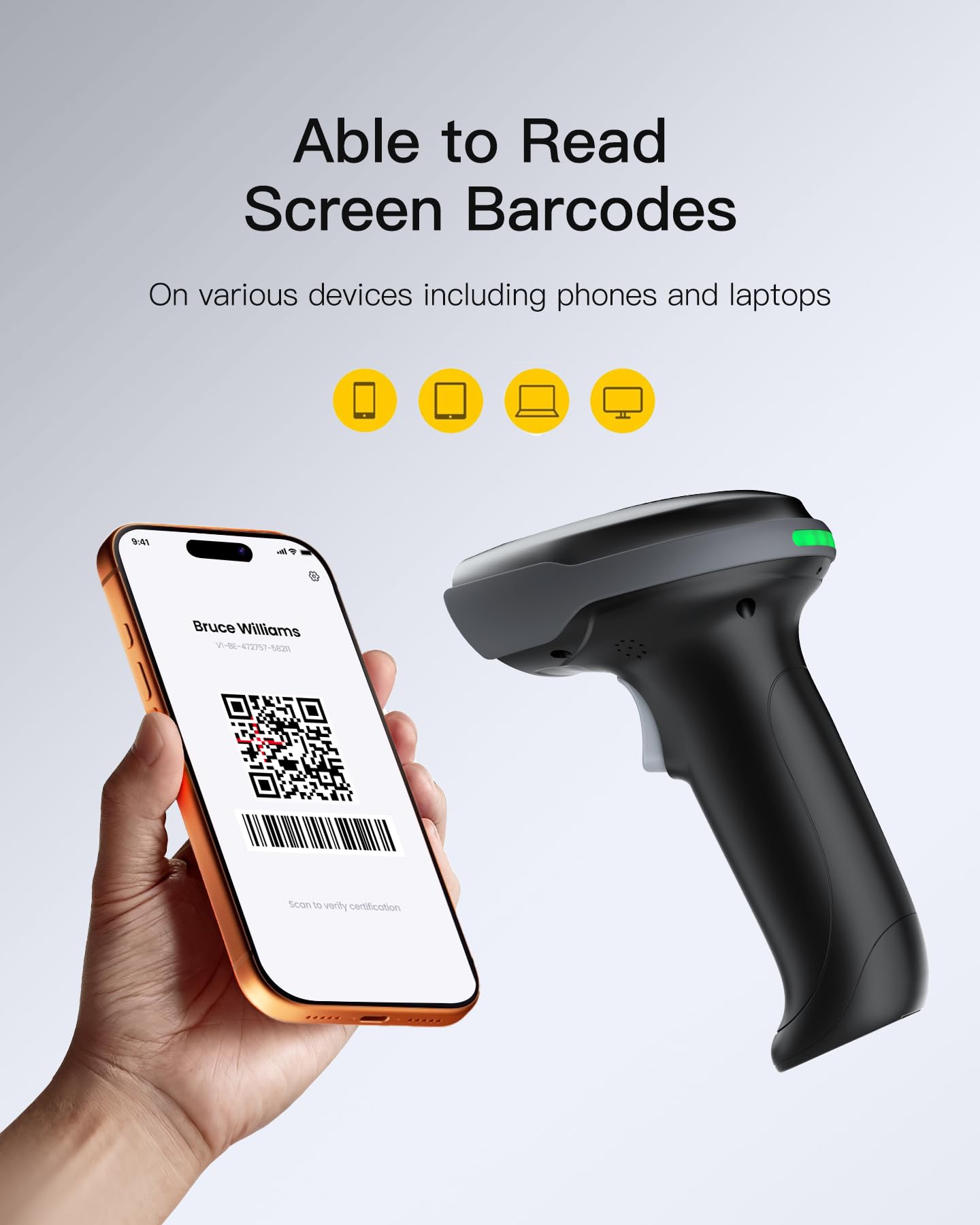 Inateck Bezprzewodowy skaner kodów kreskowych 2D, QR Code, skaner ręczny, dwie baterie 2000 mAh, inteligentny wskaźnik wydajności, kompatybilny z systemem iOS/Android/Windows