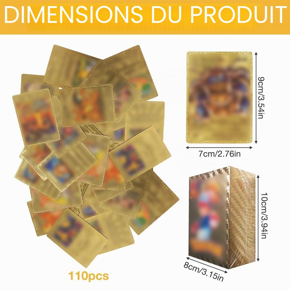 110 pièces de cartes dessinées rares en or, ensemble de cartes à collectionner avec boîte de rangement, cartes à collectionner en métal plaqué or, pas de doublons, série pour enfants
