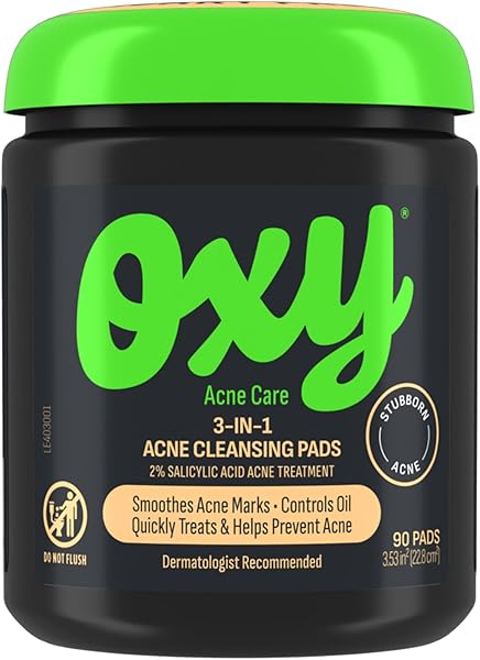 Oxy 3-IN-1 Acne Facial Cleansing Pads, Maximum Strength 2% Salicylic Acid Stubborn Acne Treatment, Controls Oil, Unclogs Pores, Smooths & Brightens Skin, Dermatologist Recommended, 90 Pads