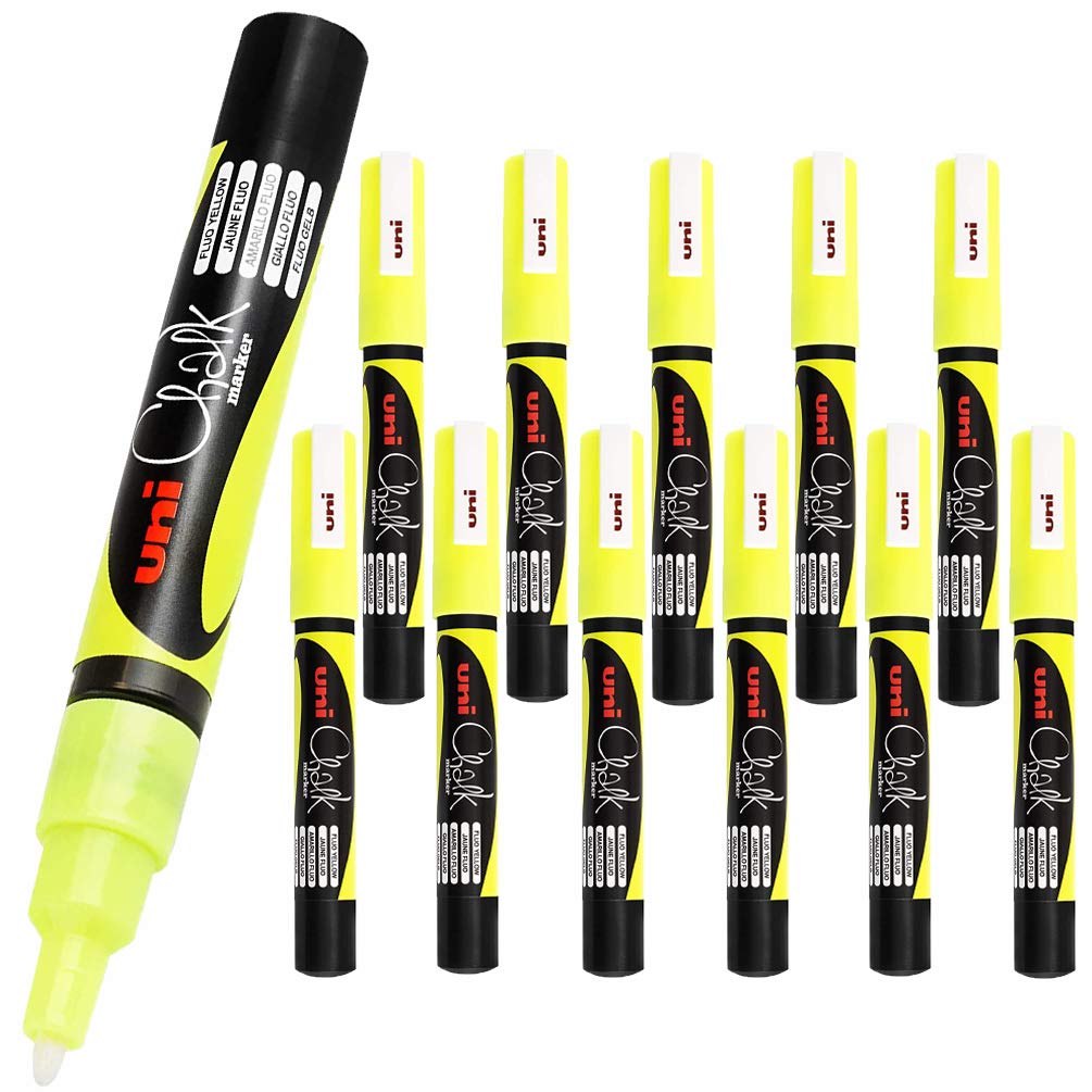 12 x Uni-Ball Wet Erase Liquid Chalk Marker Pens For Glass (Windows & Mirrors), Whiteboards, Signs And Non-Porous Blackboards (0.9-1.3mm Bullet Tip) - FLUORESCENT YELLOW