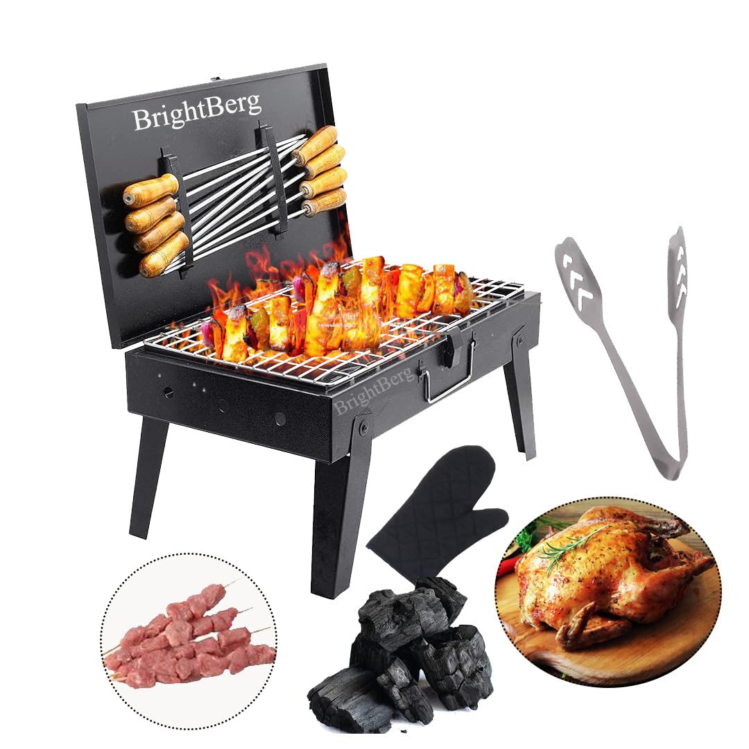 Charcoal Brivecase Grill For All Tandoori Dish and Roasting And Toasting With Tong Glove 8 Wooden Sheak 400 gm Charcoal Jali BBBC49