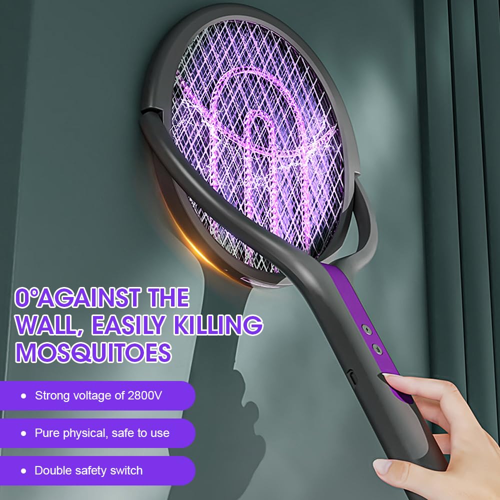 Tapette à Mouches électrique Rechargeable à tête Rotative, Tapette à Mouches électrique avec Tige d'extension Télescopique, Extra Puissante 2800 V avec Piège à Lumière UV pour l'intérieur