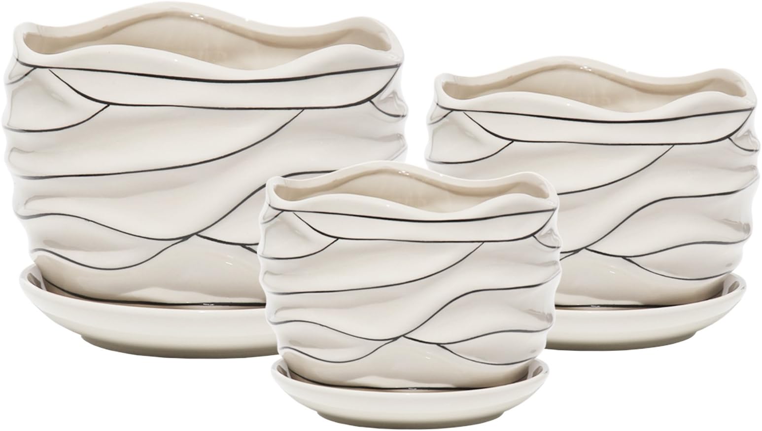 White Ceramic Garden Flower Plant Pot Succulent Cactus Plant Pots 4 6 7 Inch Set of 3 (White Stripe Wave)