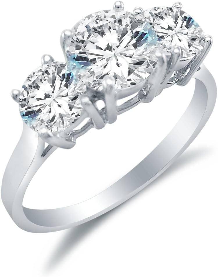 Solid 14k White OR Yellow Gold 3 Three Stone Round Brilliant Cut Solitaire with Round Side Stones CZ Cubic Zirconia Engagement Ring 2.0ct.