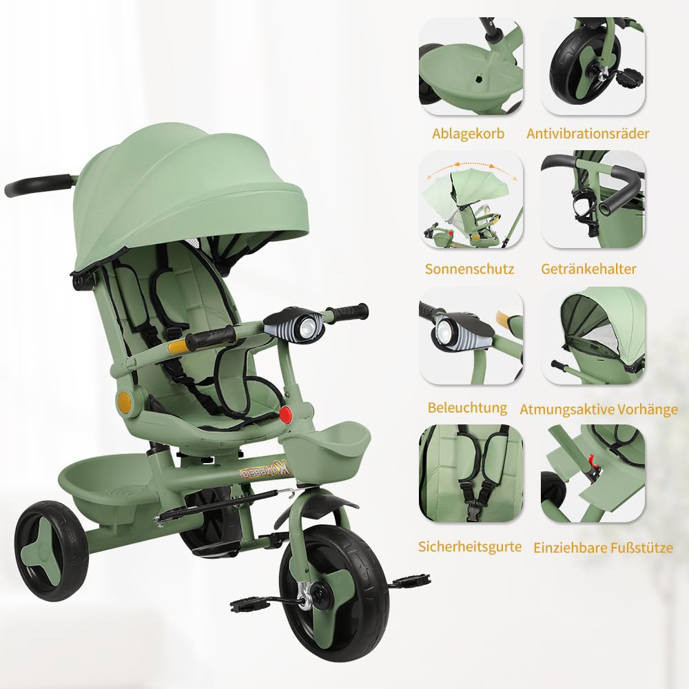 Triciclo bambini fino 25 kg, Passeggino con Maniglione regolabile, Bici, Sedile girevole Fronte Mamma e Strada, Cappottina pieghevole, Ruota libera,100 * 75 * 50 cm - Verde