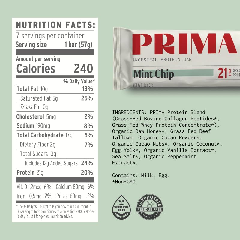PRIMA Mint Chip Protein Bar | 21g Grass Fed Whey and Collagen | No Seed Oils, No Preservatives, Raw Honey Sweetened | 7 Pack image 3