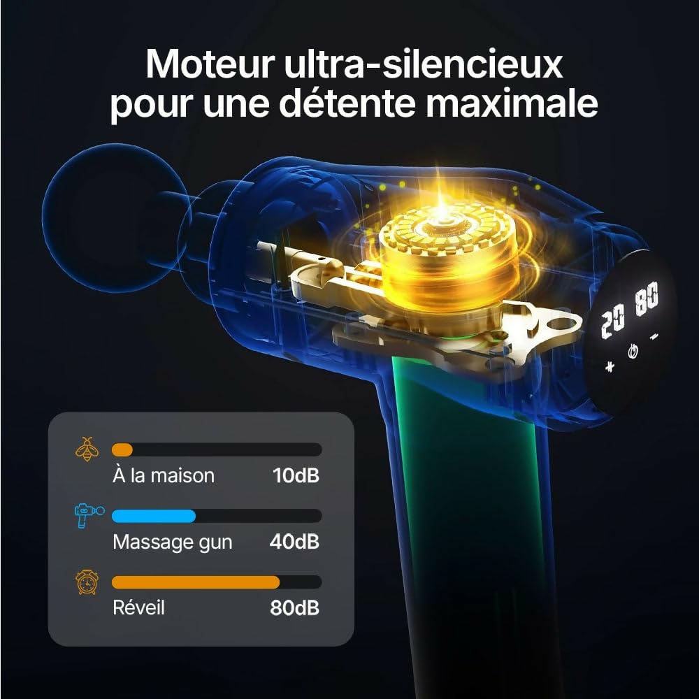 Pistolet de massage professionnel V1 - Technologie Deep Tissue, 3 600 impulsions par minute, 12 niveaux réglables et 6 têtes de massage professionnelles pour un soulagement total des muscles