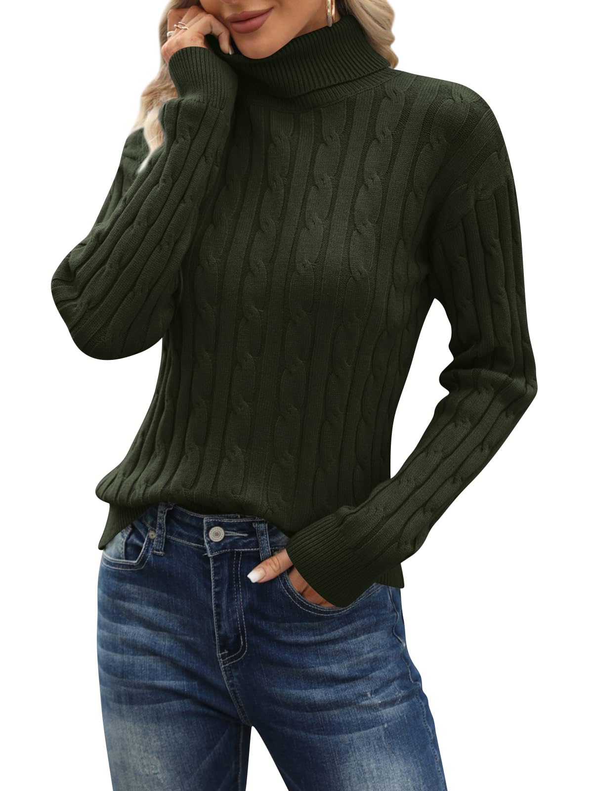iudam Damen Rollkragenpullover Cable Knit Sweater Armeegrün
