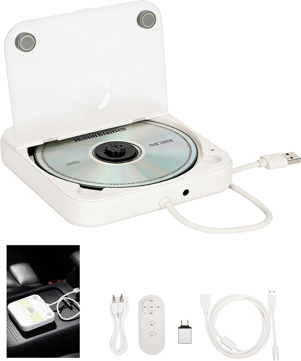 Portable External CD Player for Car & Home, USB/Type-C/AUX CD Drive with Anti Skip Protection & Remote Control, Plug & Play, Compatible with Car Stereo, TV, Laptop, PC, Android 4.4+ (White)