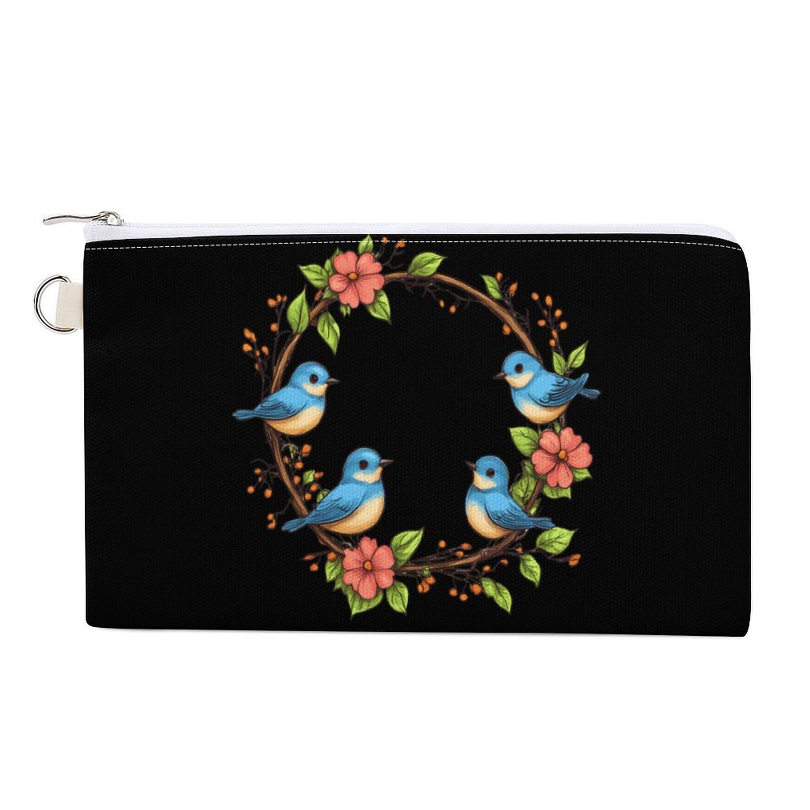Blue Birds Coin Purse Canvas Change Pouch Portable Pocket Wallet Mini Storage Bag with Zippered Keychain