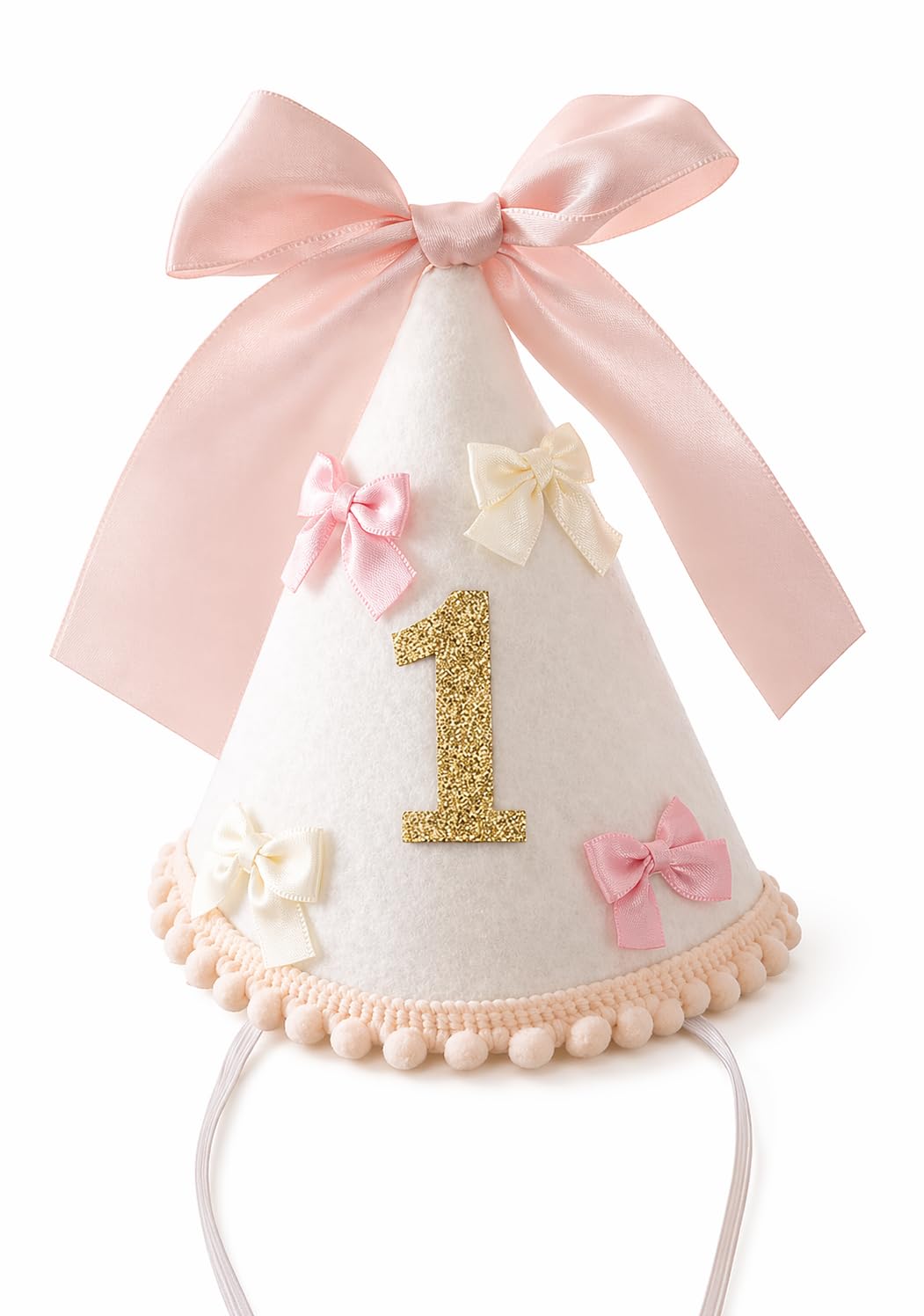 1st Birthday Hat for Baby Girl, Pink Bow Cone Hat with Glitter Number 1, First Party, Cake Smash Photo Prop, Pink Birthday Cap, One Year Old Photoshoot, Soft Party Decoration Accessory for Babies