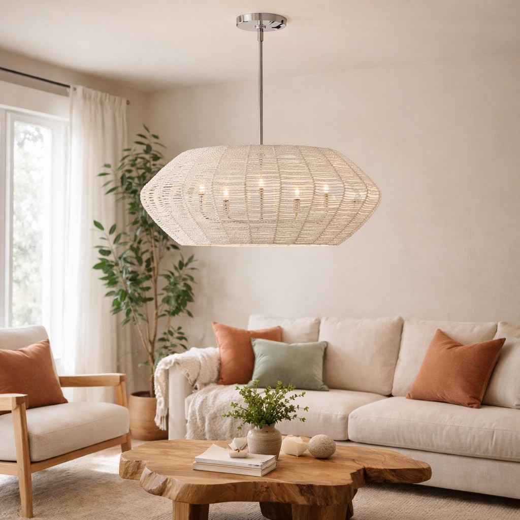 Hinkley Luca Medium Five Light Convertible Drum Pendant Chandelier – Lisa McDennon, Bohemian, Coastal, White Woven Shade – Polished Chrome Finish