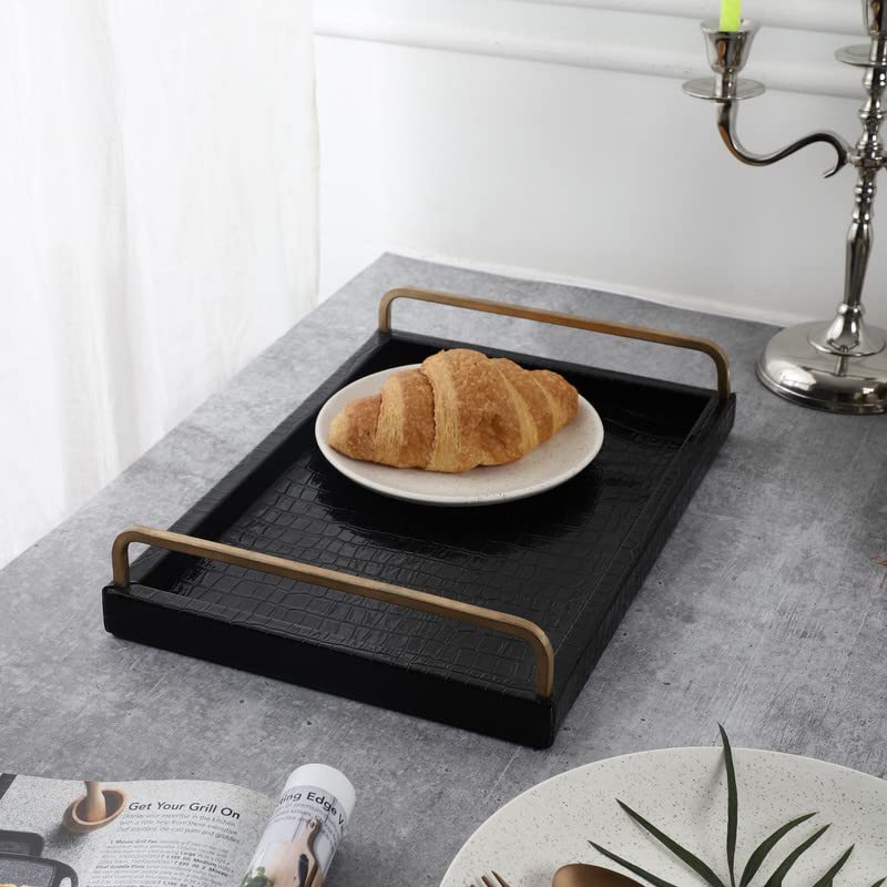 Voidrop Modern Elegant 15"x10" Rectangle Black Shagreen Tray Decorative-Ottoman Coffee Table-Perfume Living Room-Kitchen Serving Tray with Gold Polished Metal Handles for All Occasion's (Black)