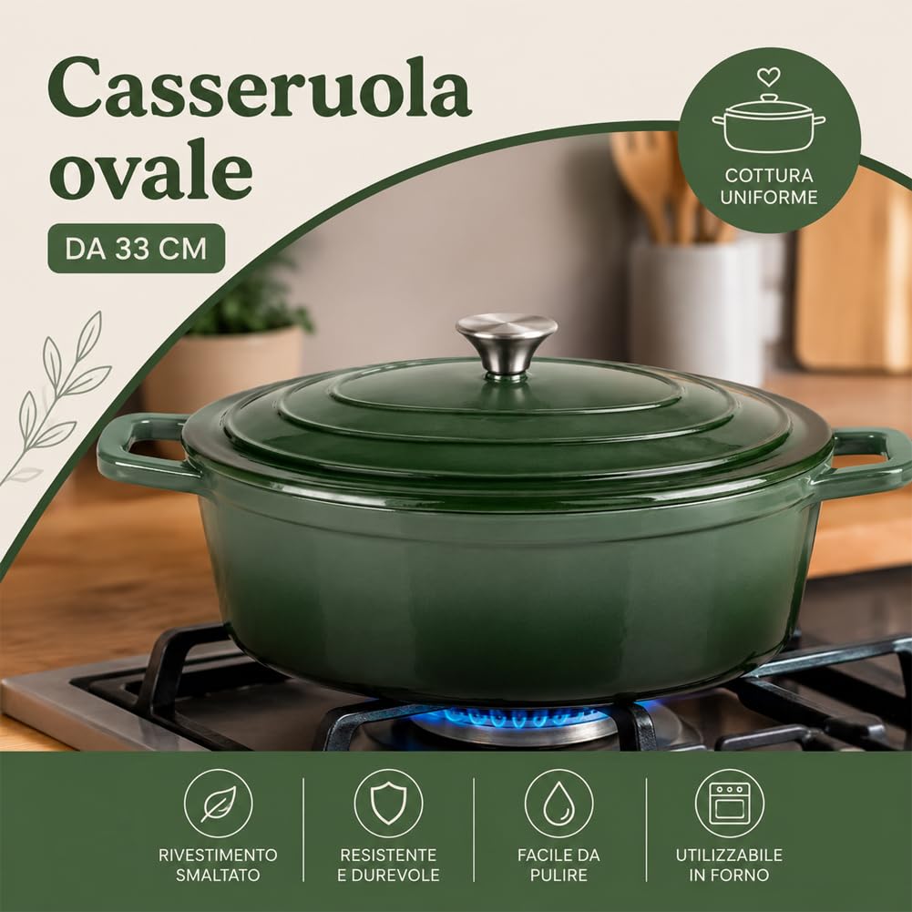 BAKAJI Casseruola Ovale in Ghisa Smaltata con Doppi Manici Ergonomici, Pentola Olandese Cocotte Ultra Resistente con Coperchio ad Alta Conservazione del Calore, per Stufati e Lunghe Cotture (Verde)