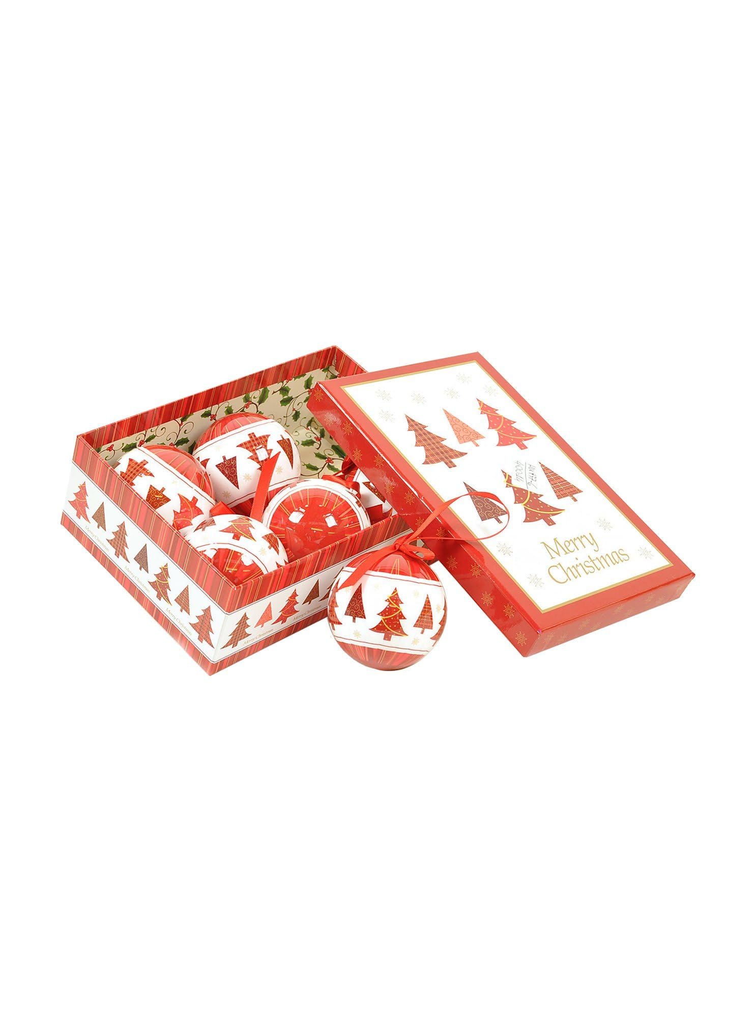 Dmora Boîte 6 boules de Noel, ornements d’arbres fantaisie, ensemble assortiment de boules de Noel, boîte ensemble arbre de Noel, diamètre 7,5cm, couleur blanc et rouge