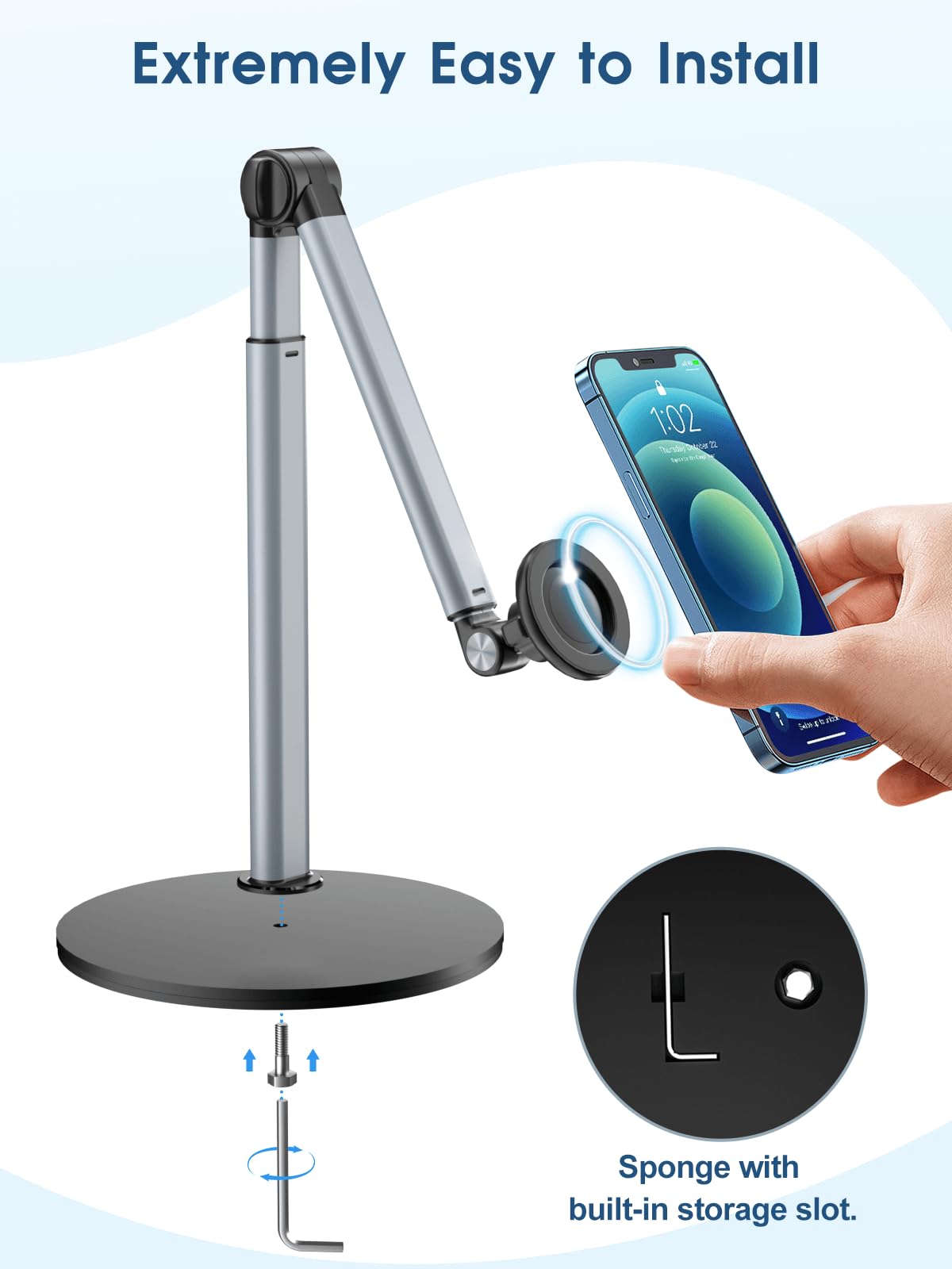 Wytrzymały aluminiowy stojak na telefon do nagrywania, regulowany statyw do iPhone'a do ujęć nad głową, solidny stojak do gotowania, rzemiosła, filmowania, malowania - idealny dla twórców (magnetyczny