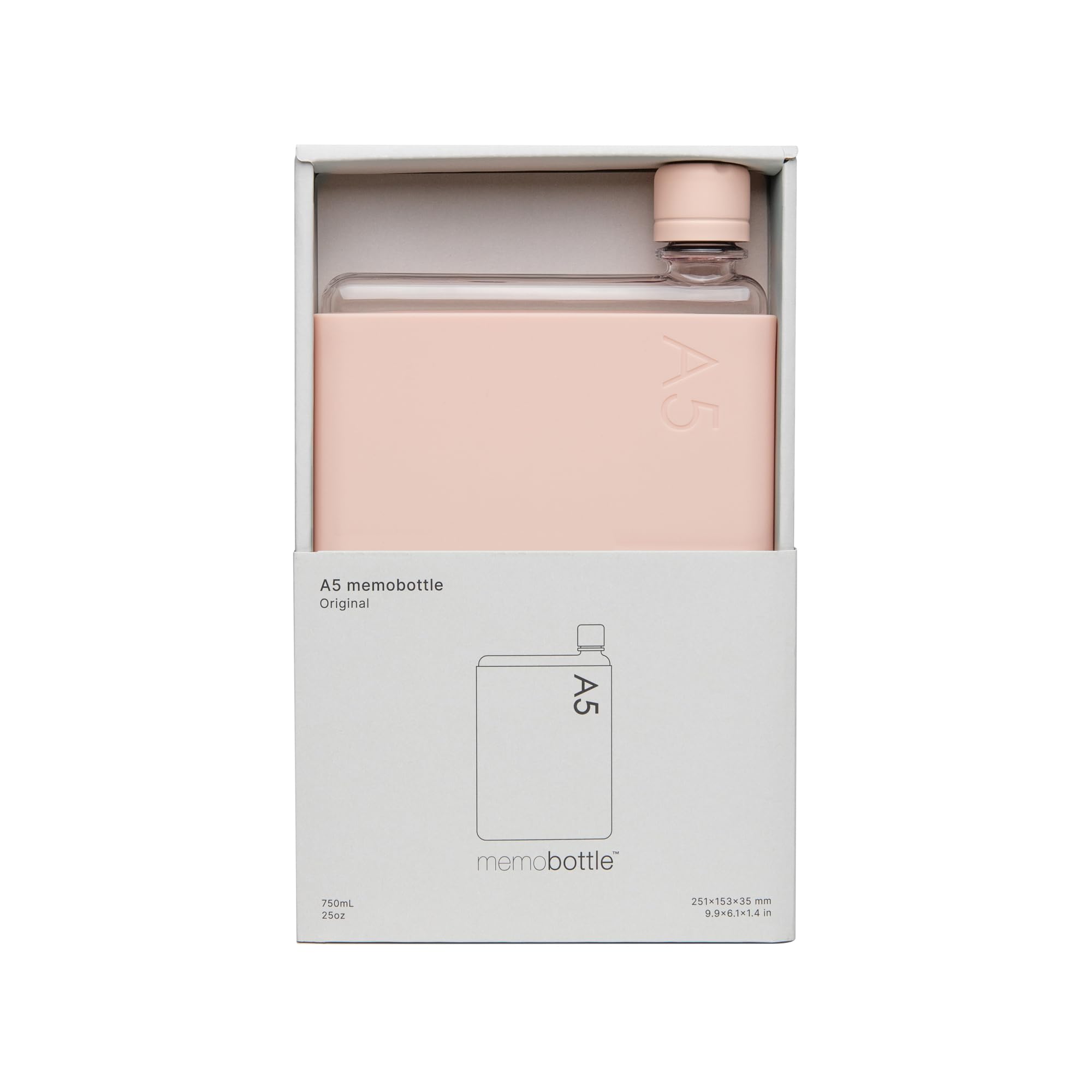 memobottle A5 (Corail pâle) - 25 oz (750 ml) - Bouteille, étui en silicone et couvercle | Bouteille d'eau élégante, fine et plate pour sacs et ordinateurs portables | Tritan sans BPA