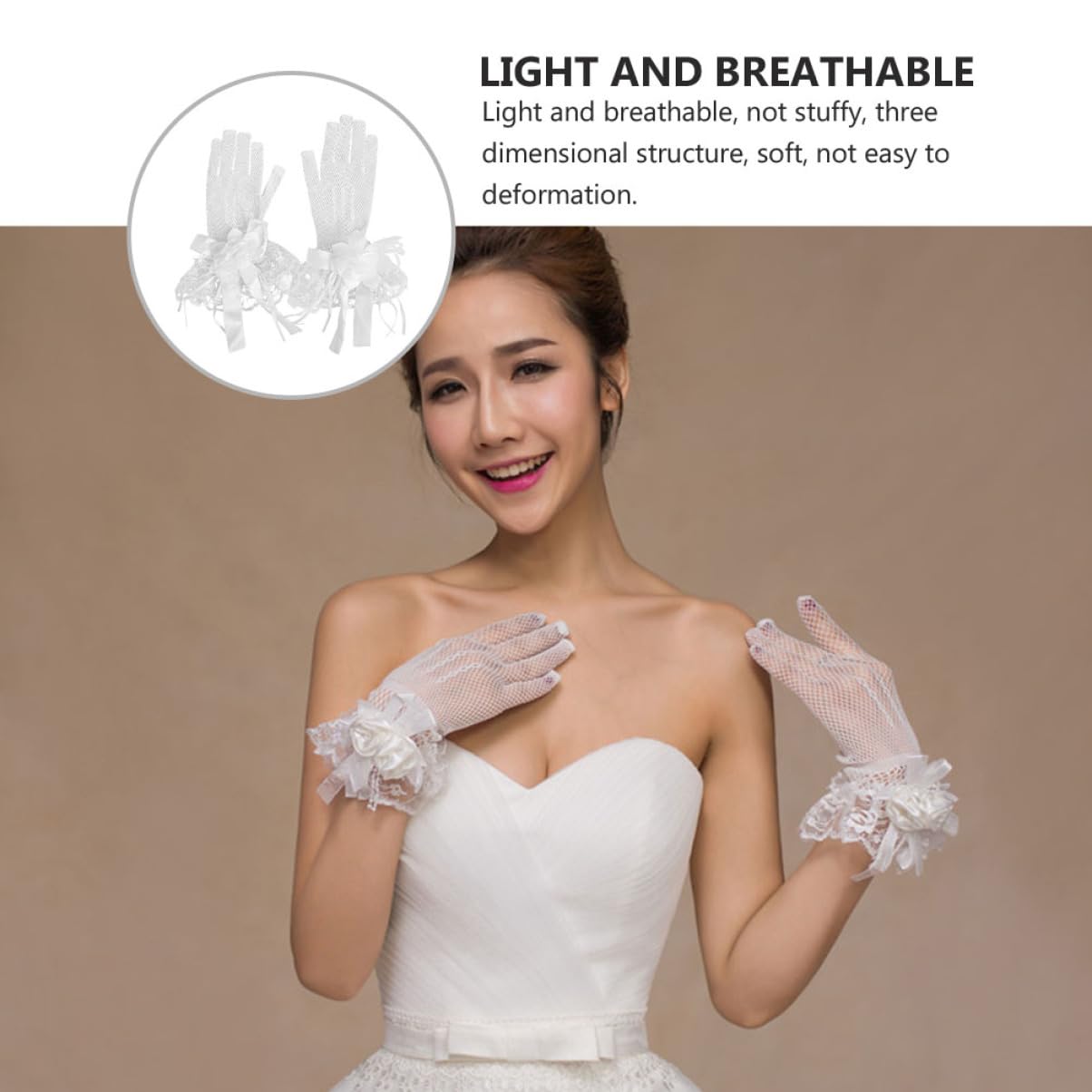 FRCOLOR Guantes De Boda Formal Guantes De Encaje De Las Mujeres Novia Guantes De Vestir De Mujer Guantes De Red Nupcial Guantes De Boda Guantes De Raso De Boda Beige Cintas…