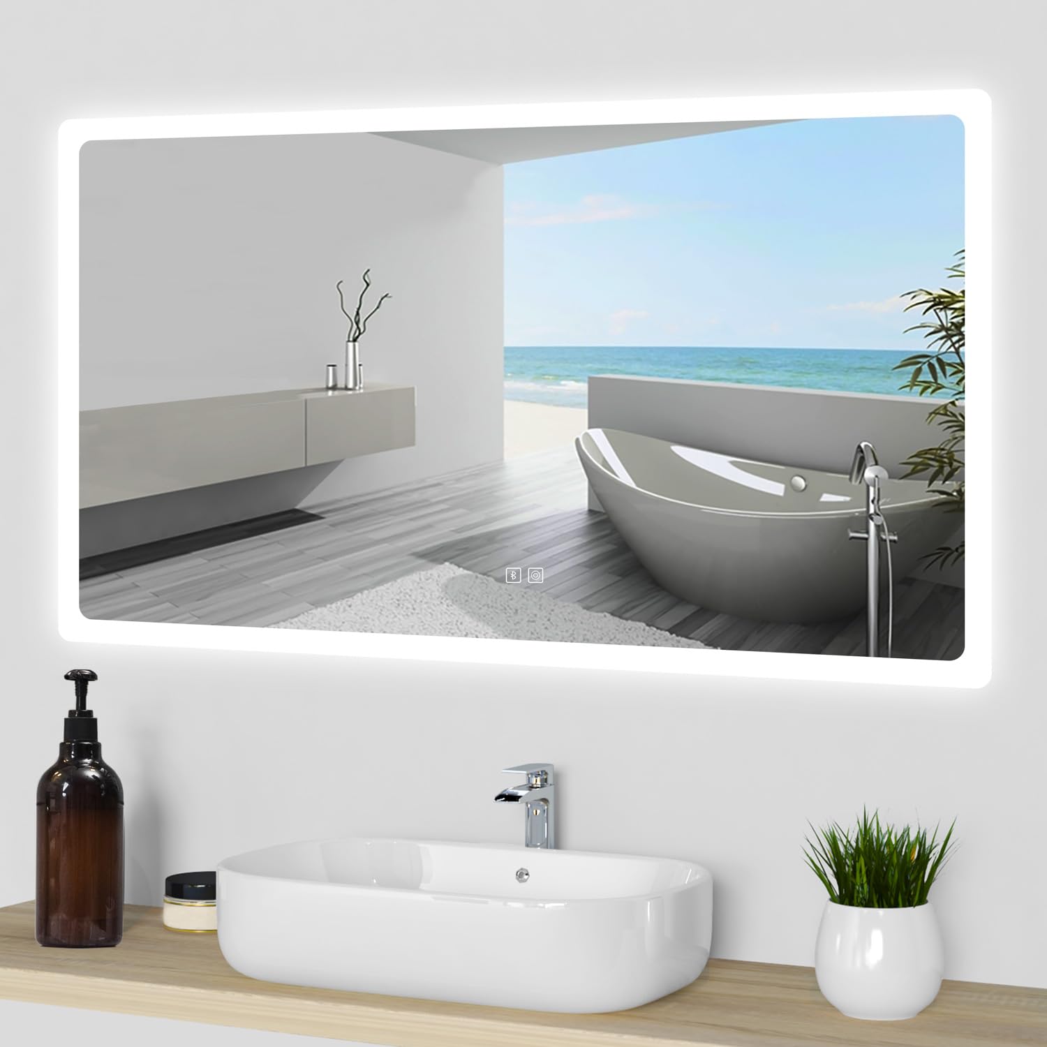 Acezanble Bathroom Mirror with LED Lights, Bluetooth Speakers Dimmable 3 Colors 1400x800mm Illuminated Bathroom Vanity Mirror Wall Mounted Demister Pad Switch IP44 Waterproof