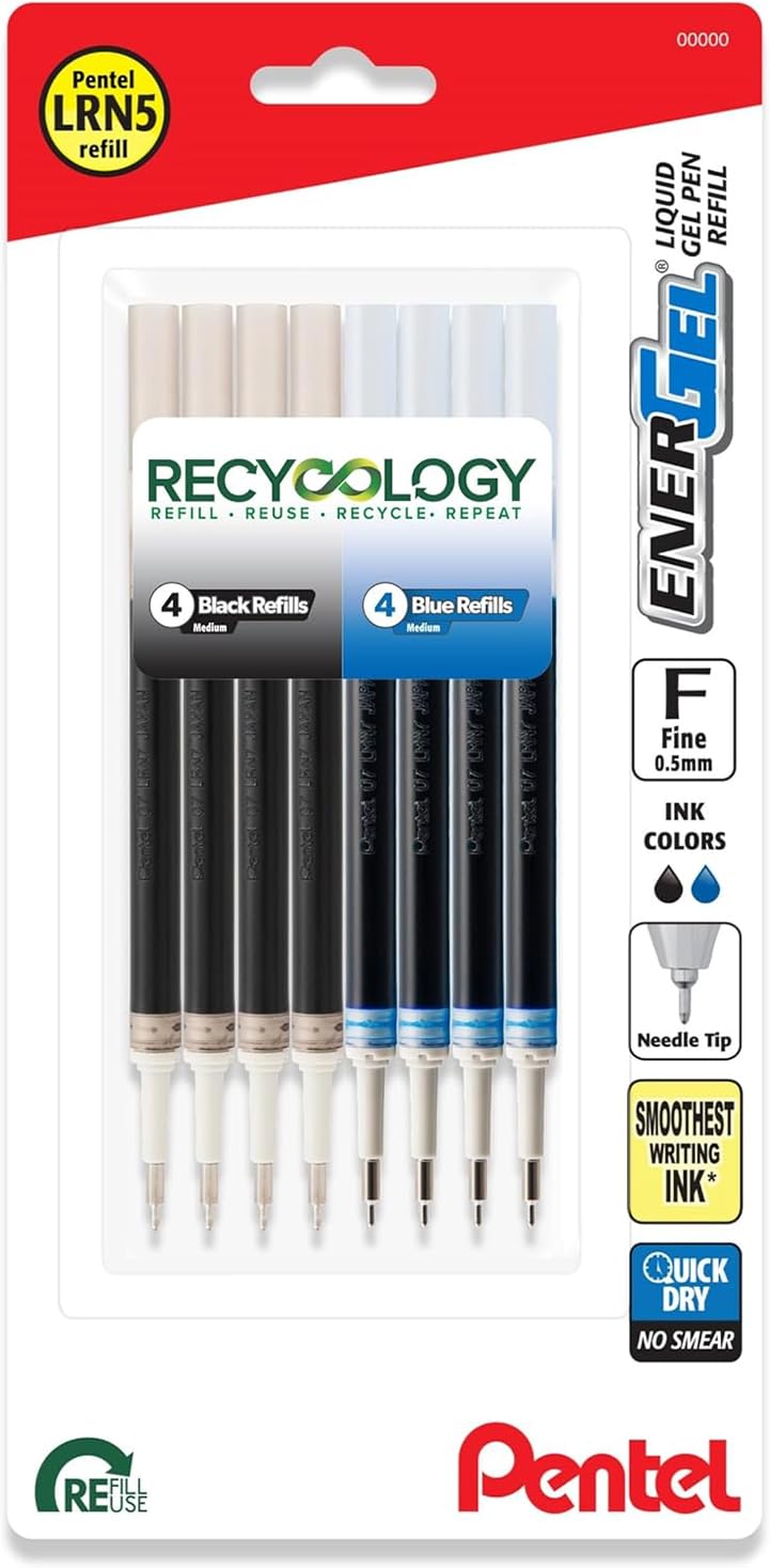 Pentel Energel Refills, Fine Point 0.5mm, Needle Tip, Pack of 4 Black and 4 Blue