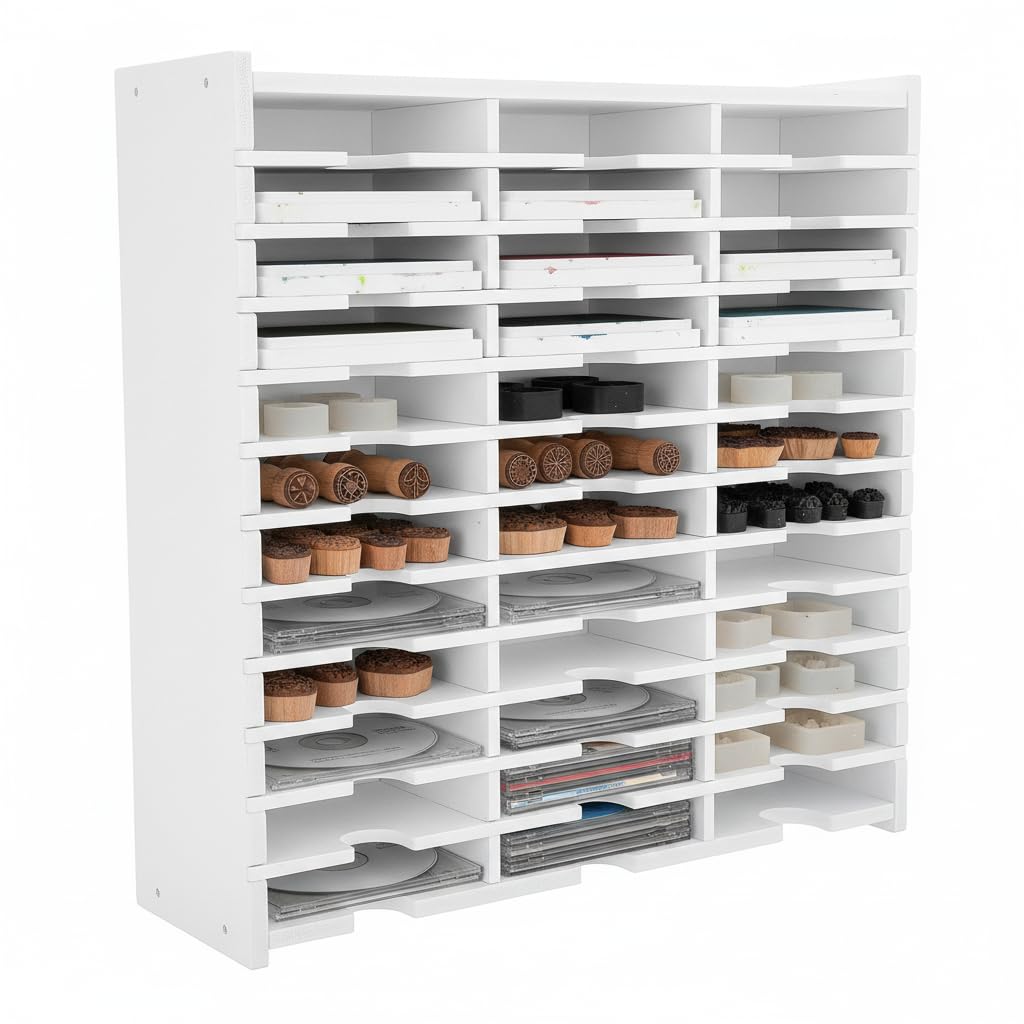 36 Grid Ink Pad Storage Organizer Multi Tier Wood Stamp Holder Rack for Craft Room Desktop Scrapbooking Card Making Supplies Holder for Distress Inks Studio Paint Stand Cases Rectangular White