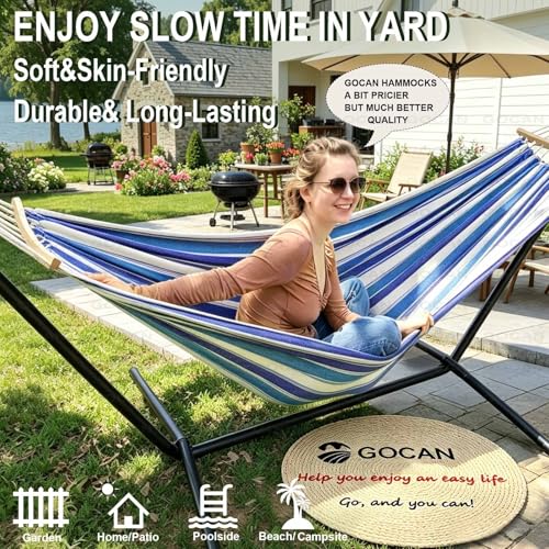 Image of Double Hammock 2 Person Extra Large 220x150cm Total Length 330cm Load 500lb Canvas Cotton Hammock for Patio Porch Garden Backyard Lounging Outdoor and Indoor with Removable Spreader bar