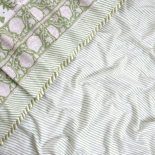 Image of TOAIArt Premium Jaipuri Dohar | AC Blanket Summer Quilt | Hand Block Printed | 3 Layers | Reversible | 150GSM 100% Mulmul Cotton | 100% Cotton Flannel Filling | King 108 inch X 90 inch |Green Kalamkari