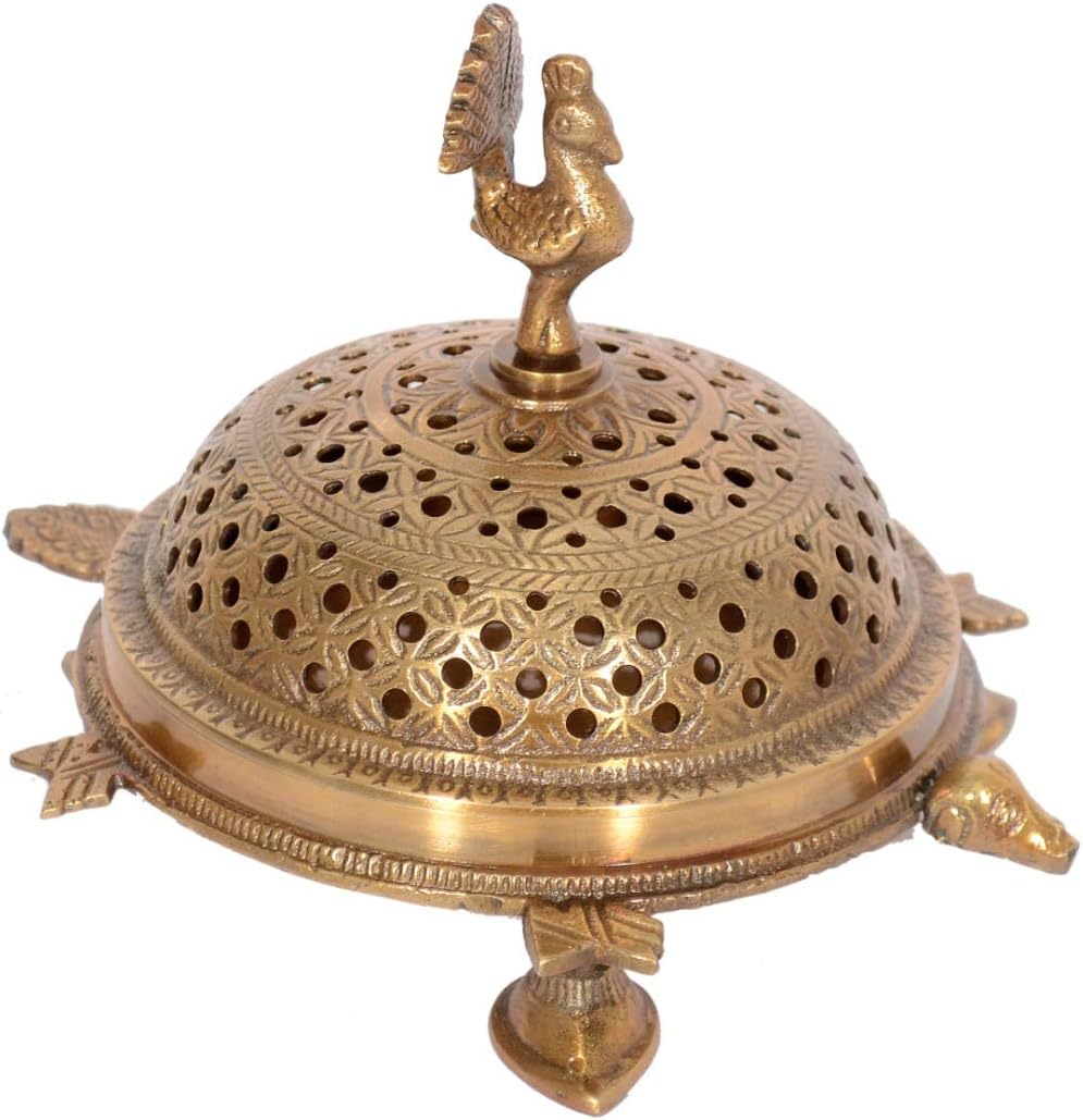 Skywalk Handcrafted Brass Peacock Incense Burner On A 3-Legged Tortoise Stand Medium Brown