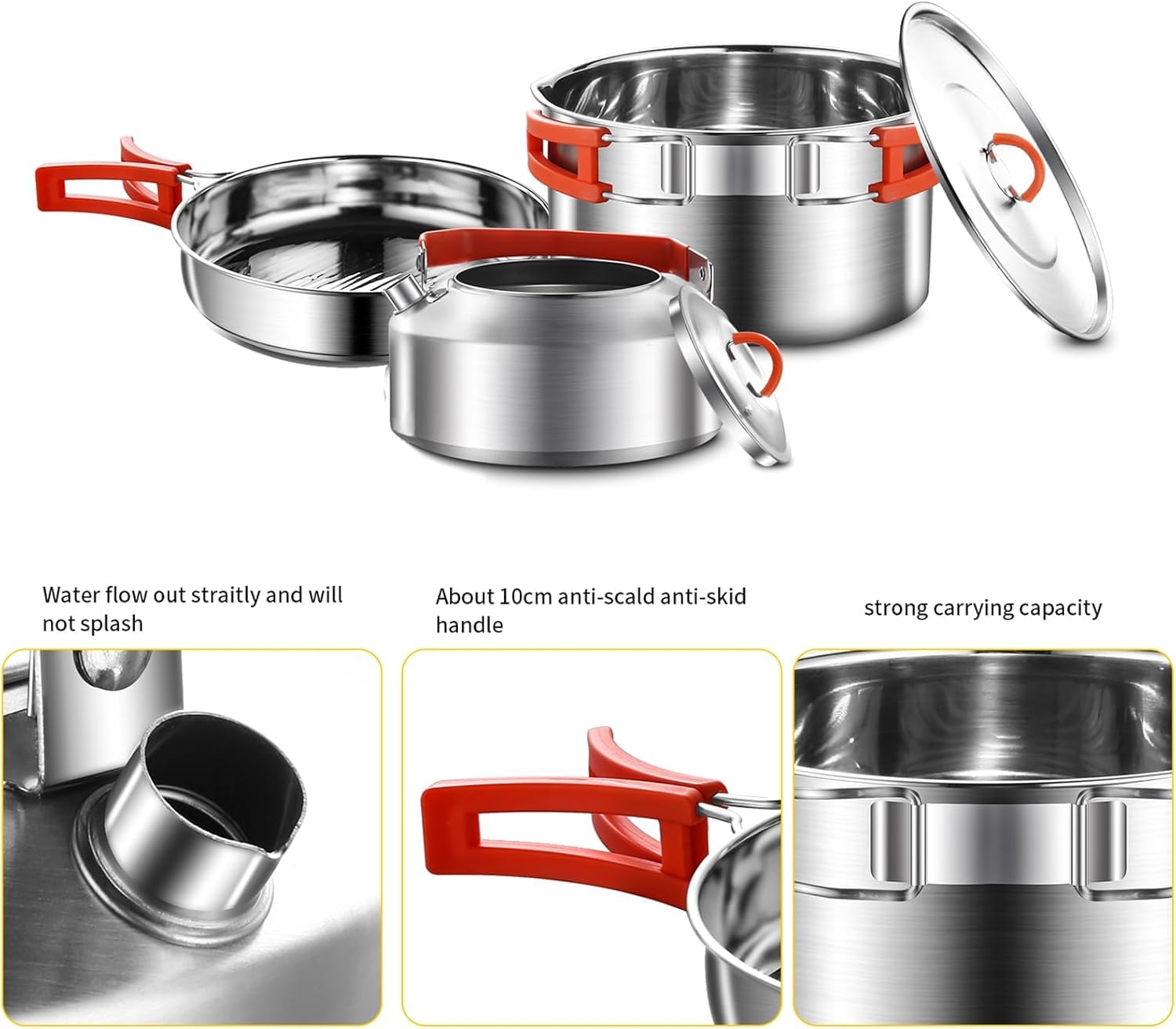 Camping Kochset, Camping Kochgeschirr Set, 304 Edelstahl Camping Töpfe und Pfannen Set, beinhaltet Topf Nonstick Bratpfanne Wasserkocher in Mesh Tasche für Wandern Outdoor Kochen Rucksack für 1-2 Mens