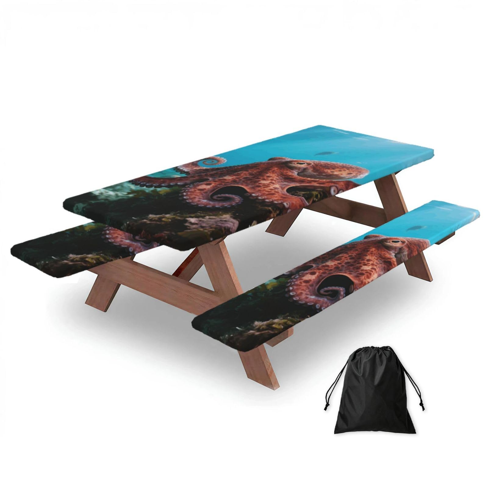 FekiLoot Octopus Picnic Table Cover with Bench Covers and Bag, Windproof Waterproof Rectangle Tablecloth with Elastic Edges Fitted Camping Table Covers for Picnic Party Travel