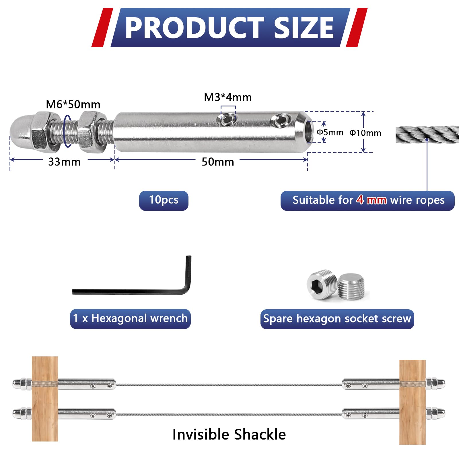 10 Terminali per cavo 4 mm Tensionatore inox con vite e chiave Allen, Fissaggio professionale per cavi metallici, perfetto per ringhiere e strutture decorative