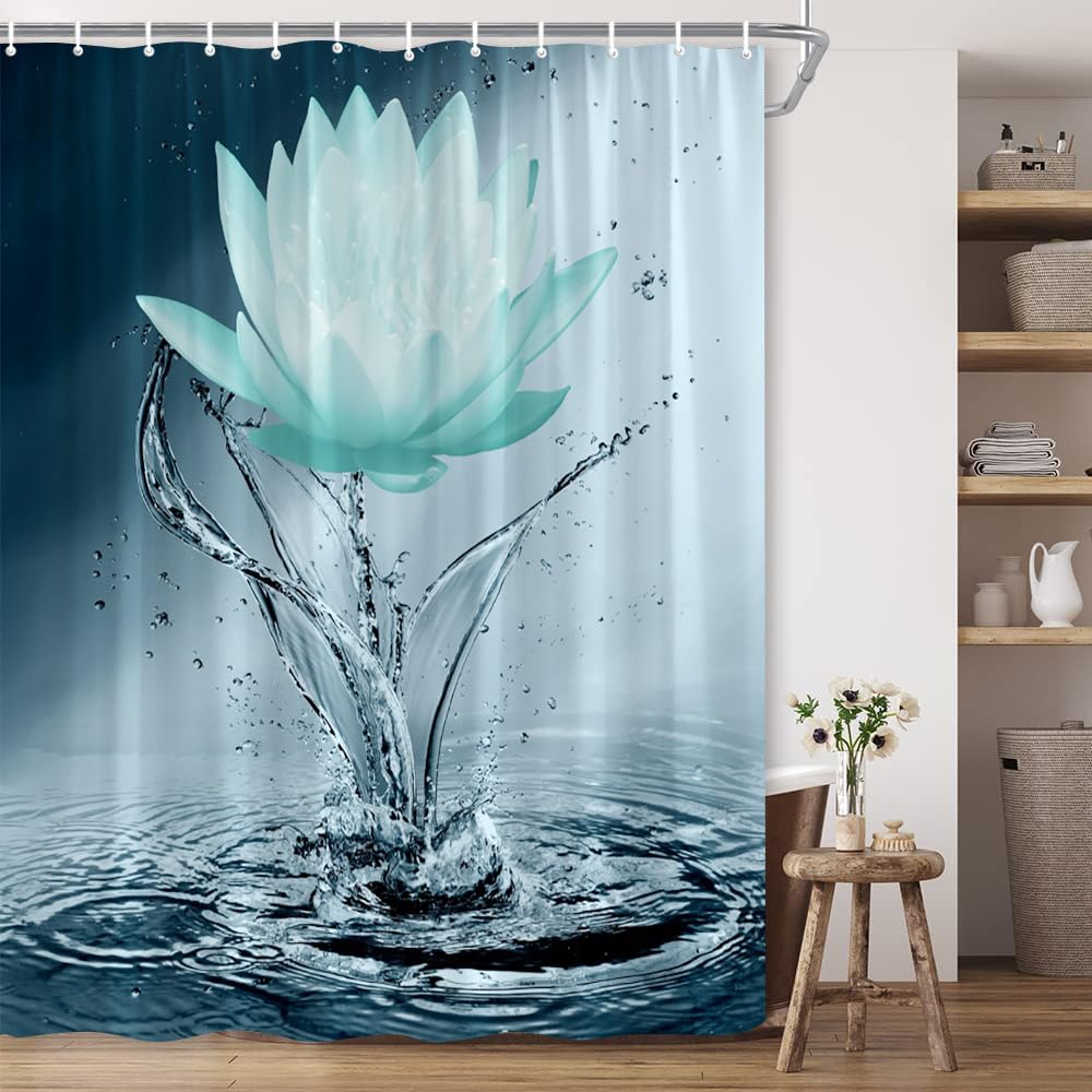BCNEW Lotus Shower Curtain Black White Teal Flower Elegant Blooming Floral with Dew Spring Flower Reflection on Water Modern Romantic Polyester Fabric