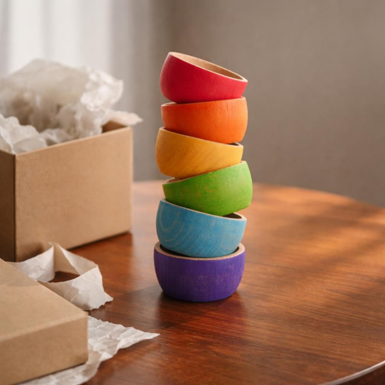6 Pieces Set di Ciotole Arcobaleno in Legno Dipinto Ciotole Impilabili in Legno Finitura Liscia Stoviglie, Ciotole Arcobaleno Da 6 Colori Con 6 Palline Da 4.5