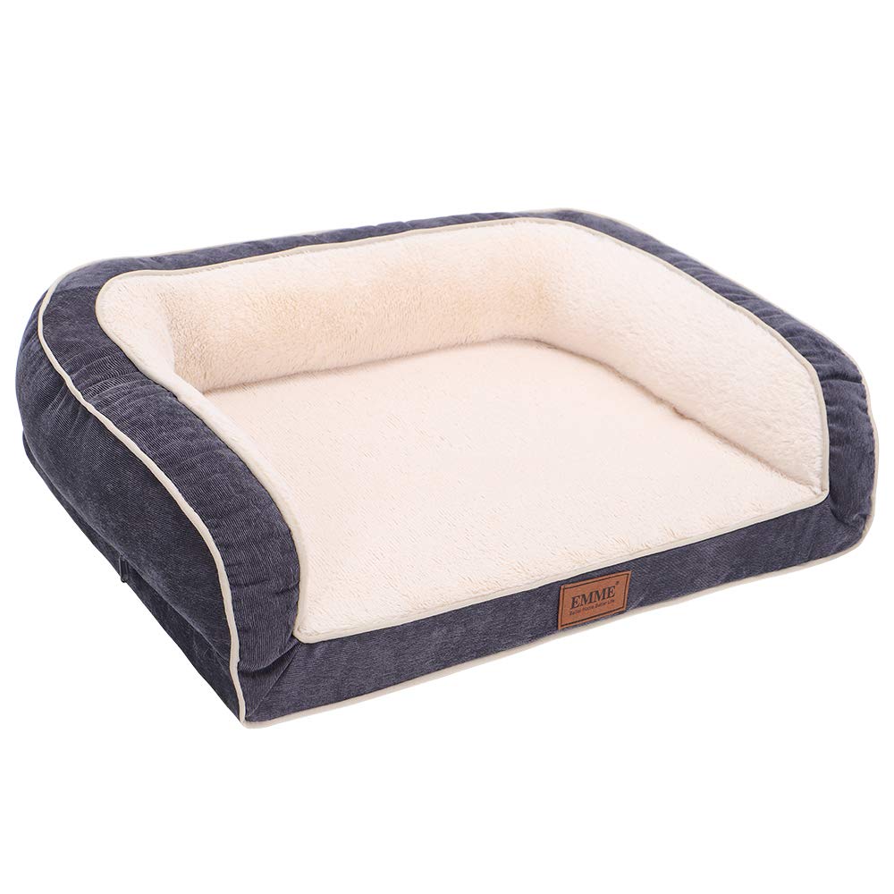 EMME Large Dog Bed Sofa, Washable Orthopaedic Dog Bed with Removable Cover, Large Waterproof Pet Sofa, U-Shaped Bolster Square Dog Couch, 91.5 x 71 x 23 cm, Navy Blue