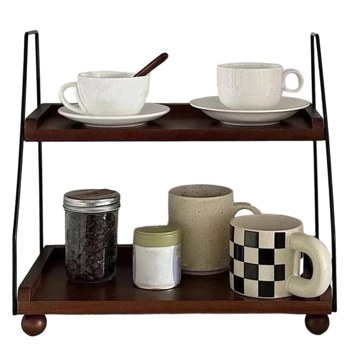 UDSKNV[KSL For Mugs Rustic Display Tray, 2-Tier Farmhouse Coffee Bar Organizer in Wood& Metal, Countertop Shelf for Kitchen& Bathroom