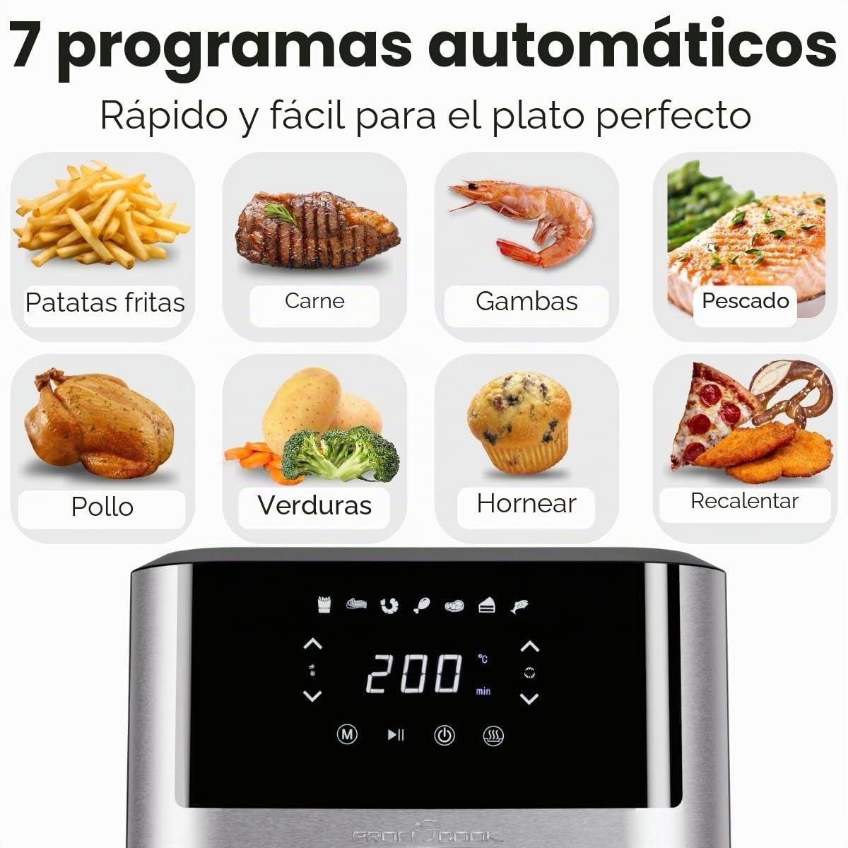 Freidora de aire caliente ProfiCook de 8 L, sin aceite ni grasa, con 7 programas, freidora de aire caliente XXL con poco humo y olores, PC-FR 1269 H