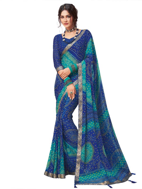 Satrani Women's Lace & Bandhani Printed Chiffon Saree With Unstitched Blouse Piece(2612S2074N_Blue & Turquoise1)