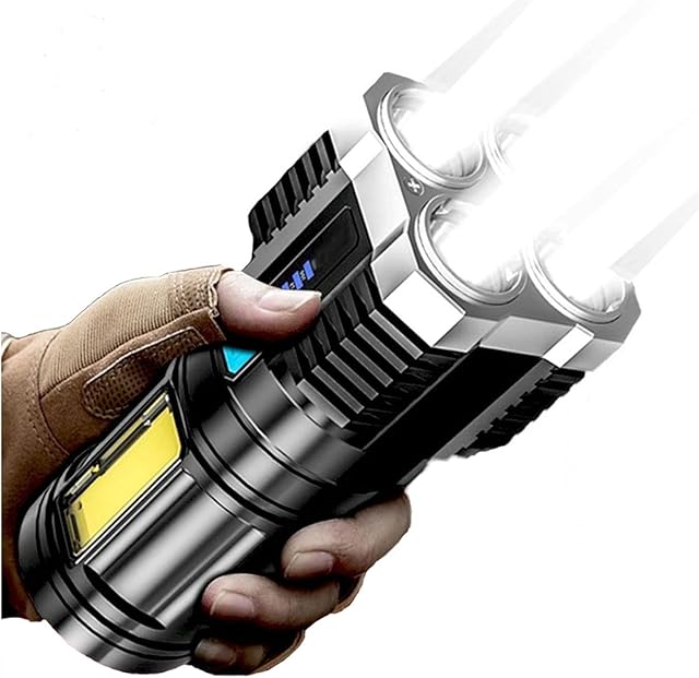 Five-Nuclear Explosion Led Flashlight Strong Light Rechargeable Super Bright, 4 Modes, Zoomable, IP65 Waterproof, High Powered Torches Flashlights for Walking Hiking (Silver)