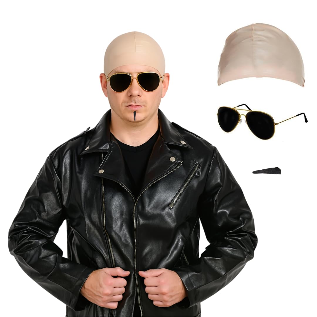 Adults Mr Worldwide Costume Set - Nude Skin Bald Cap, Black Sunglasses, Soul Patch & Leather Look Jacket - Mens Ladies Music Icon Famous Celebrity Fancy Dress Costume Halloween Events - XXL