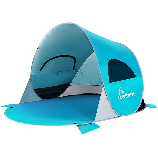 WolfWise UPF 50+ Easy Pop Up 3-4 Person Beach Tent Sport Umbrella Instant Sun Shelter Tent Sun Shade Canopy